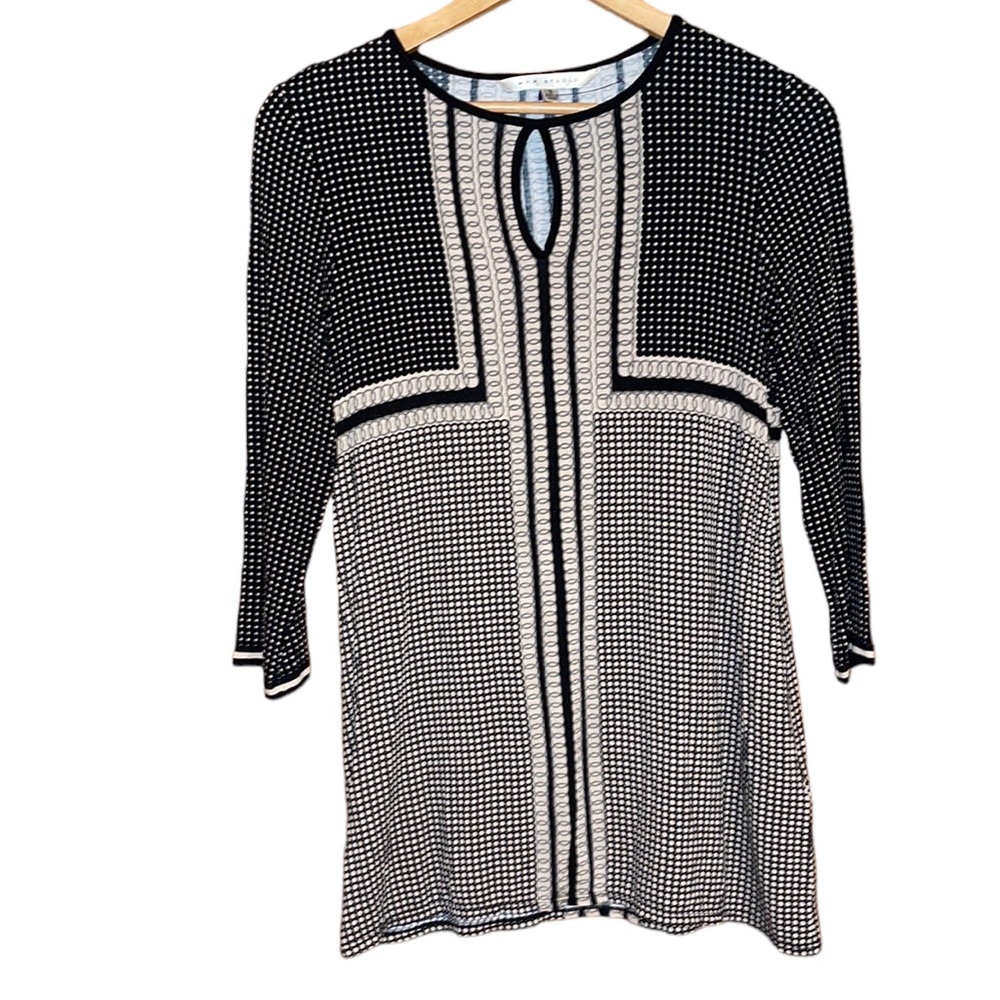 •MAX STUDIO•BLACK/TAN/GRAY KEYHOLE SCOOPNECK 3/4 SLEEVE BLOUSE SIZE SMALL EUC